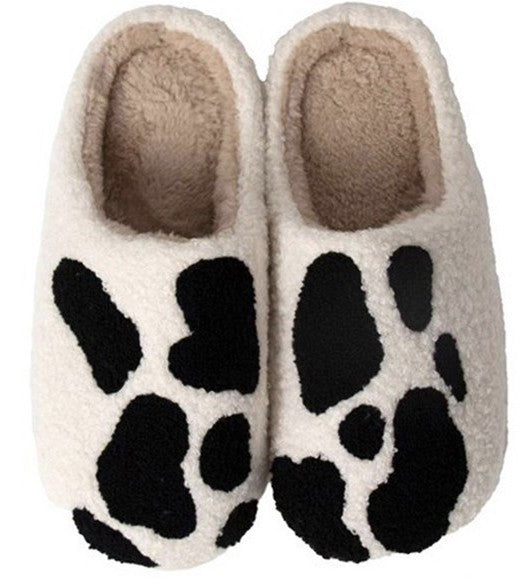 Printed Plush Slippers in Black White Cow — design detail