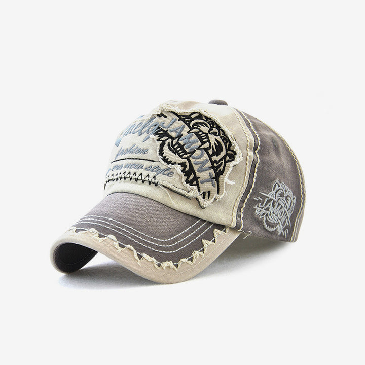 Distressed Tiger Cap in Medium Gray — design detail