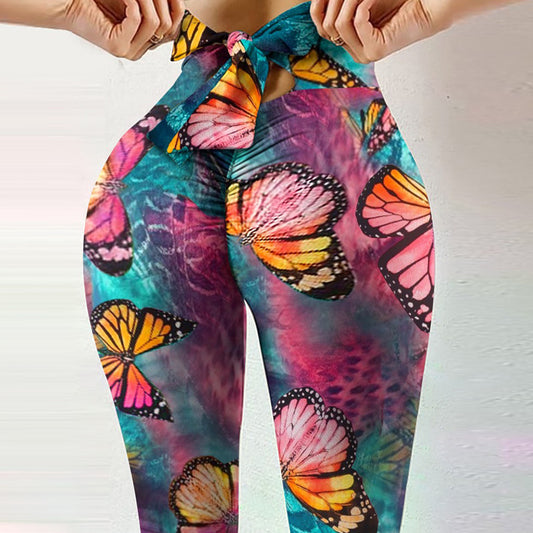 Drawstring Print Leggings in Color butterfly — product view