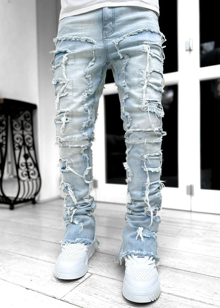Stacked Ripped Jeans in Light Blue — design detail