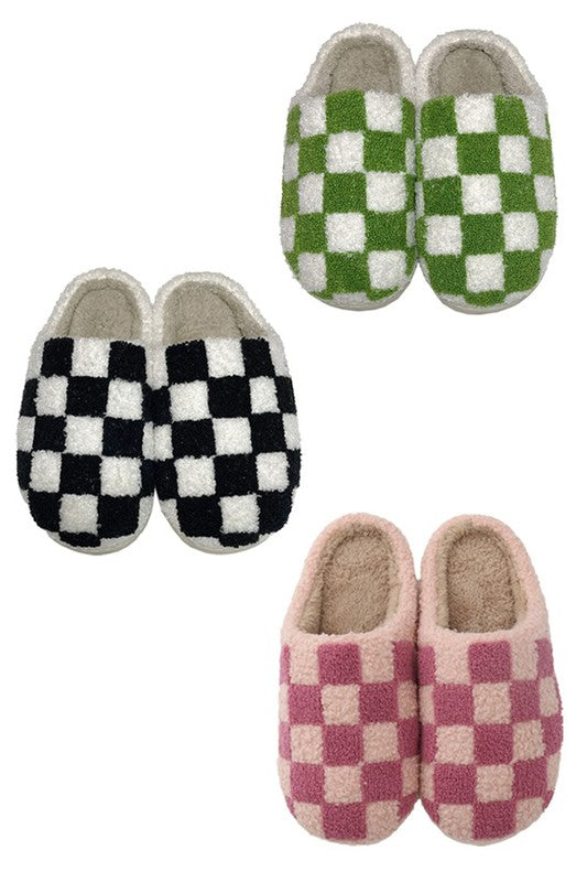 Printed Plush Slippers in Black White Check — design detail