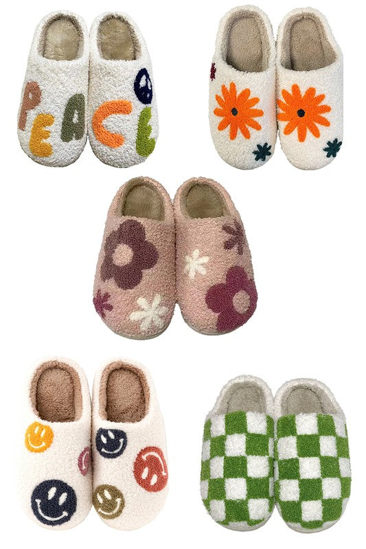 Printed Plush Slippers in Green Check — product view