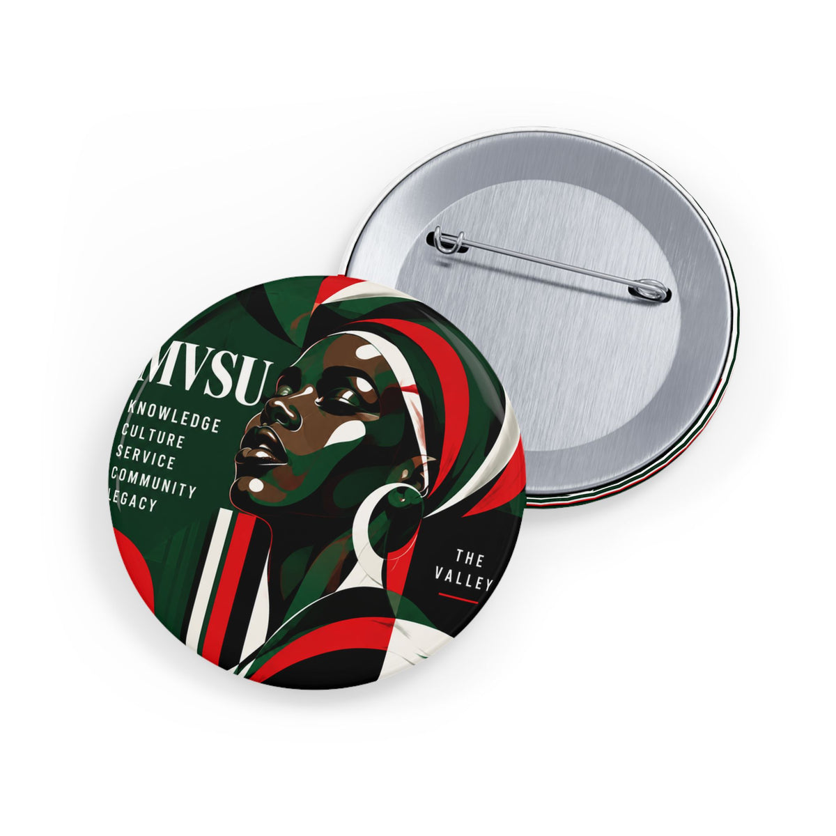 MVSU Afrocentric Round Pin — 'Knowledge • Culture • Service • Community • Legacy' Button