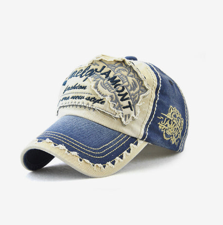 Distressed Tiger Cap in Blue — design detail