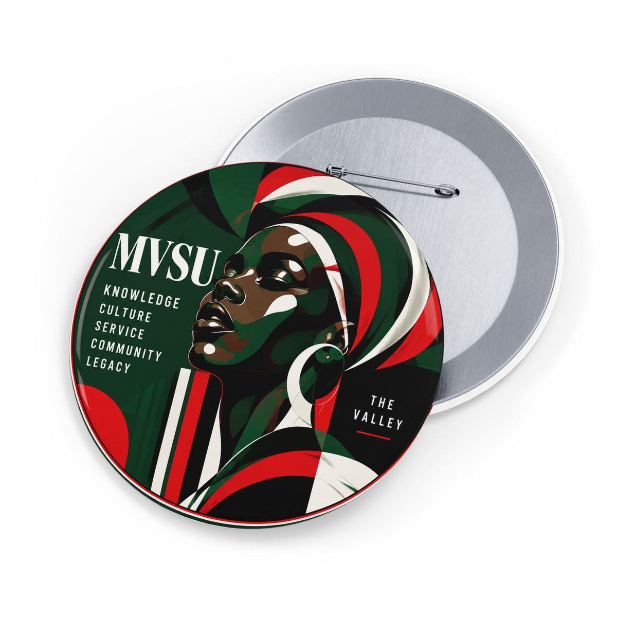 MVSU Afrocentric Round Pin — 'Knowledge • Culture • Service • Community • Legacy' Button