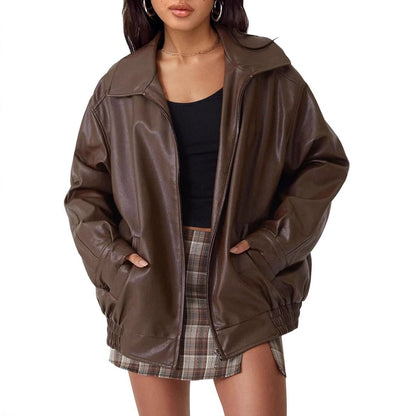 Faux-Leather Zip Jacket in Brown — design detail