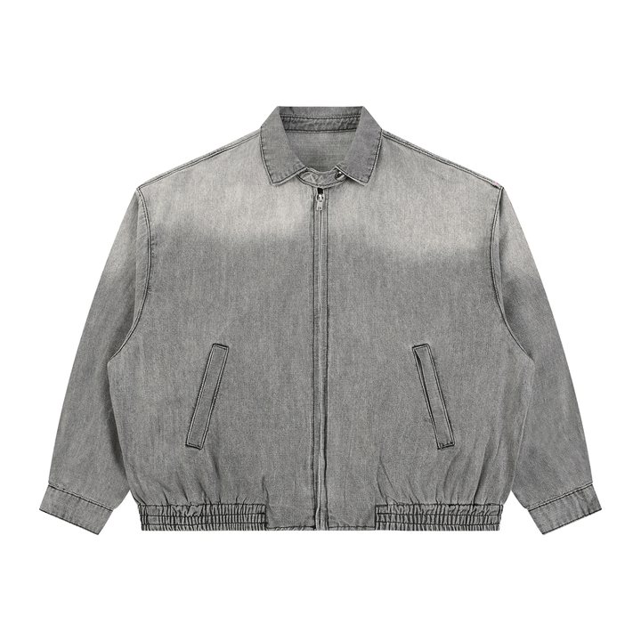Washed Denim Zip Jacket in Light Gray — front view