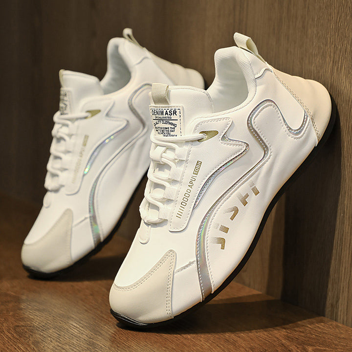 Gold-Trim Sneakers in Leather White Grey — design detail