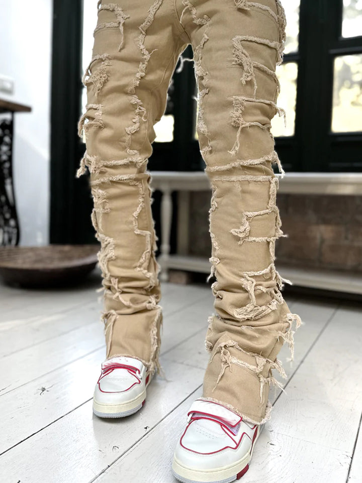 Stacked Ripped Jeans in Dark Khaki — design detail