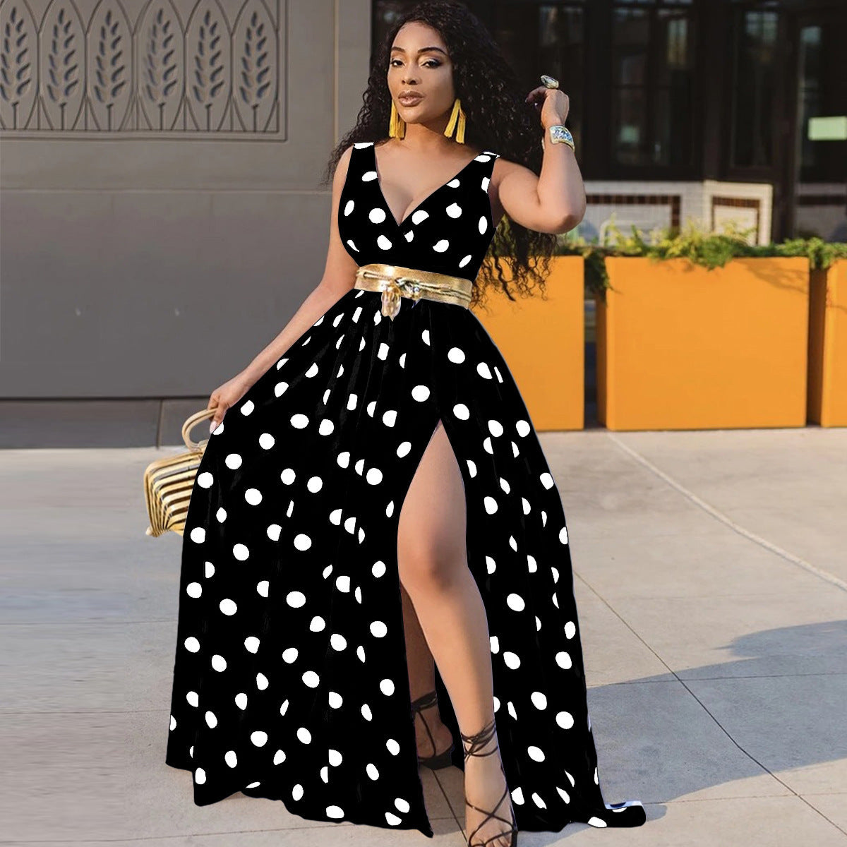 Polka-Dot Maxi Dress in Black — design detail