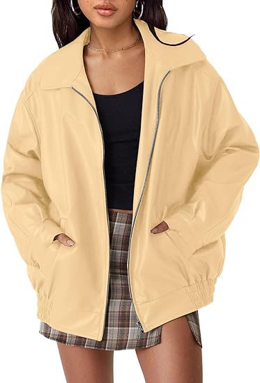 Faux-Leather Zip Jacket in Khaki — design detail