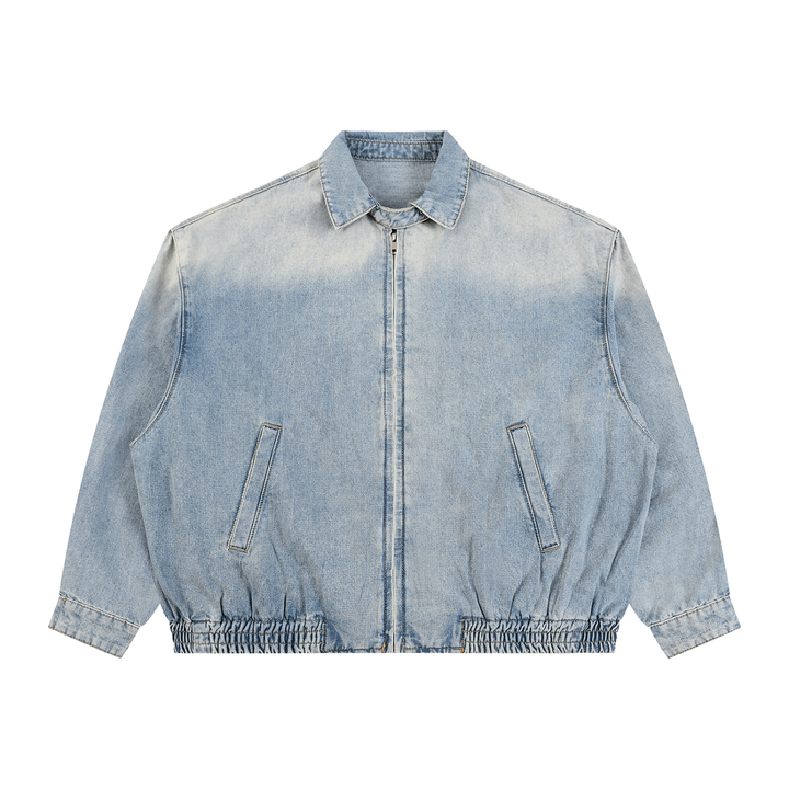 Washed Denim Zip Jacket in Blue — front view
