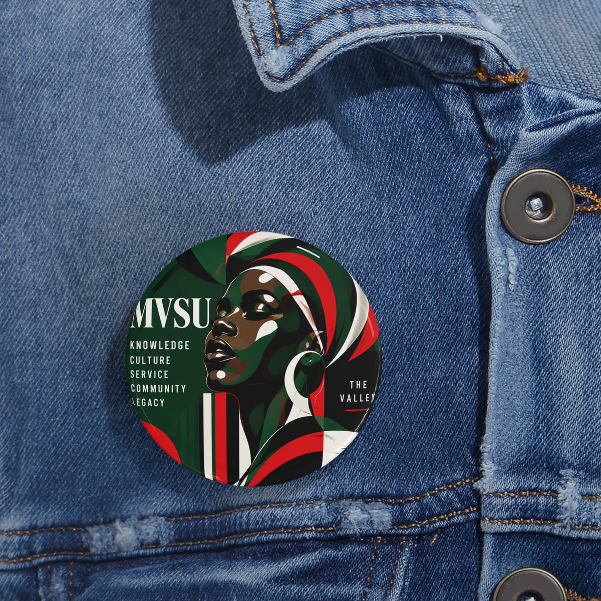 MVSU Afrocentric Round Pin — 'Knowledge • Culture • Service • Community • Legacy' Button