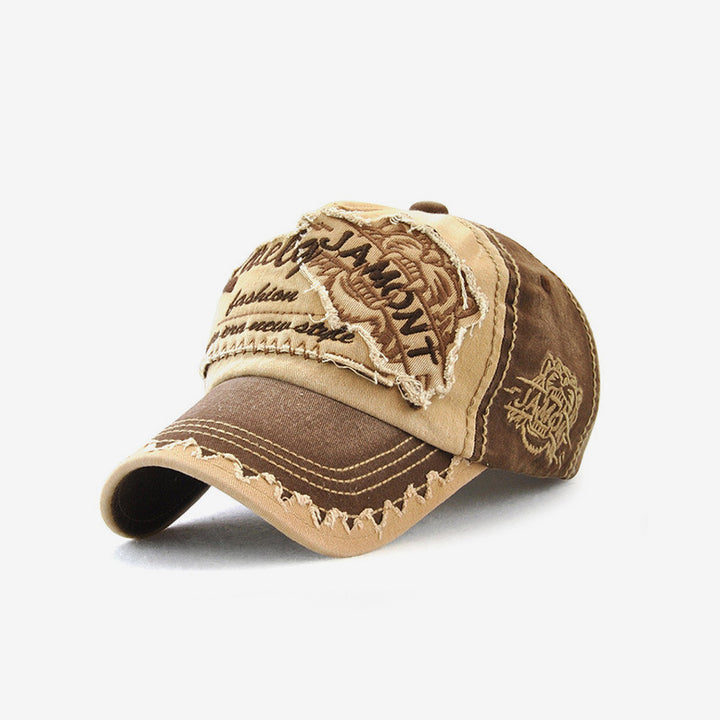 Distressed Tiger Cap in Coffee — design detail