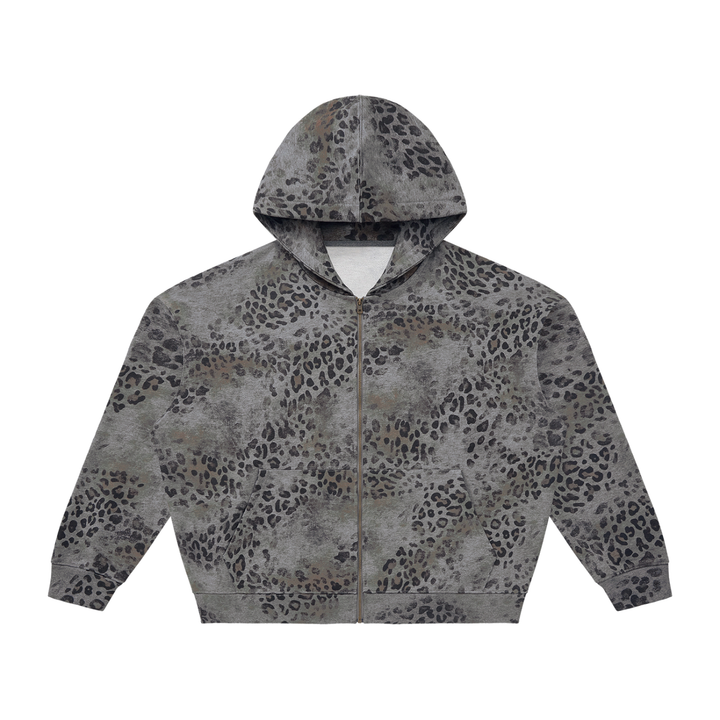 Leopard Zip Hoodie in Leopard Dark Gray — front view