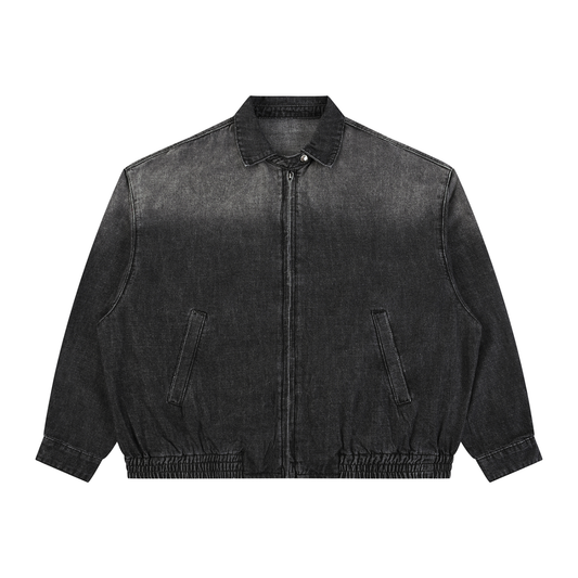 Washed Denim Zip Jacket in Black — front view
