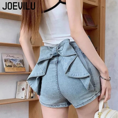 Bow Detail High-Waist Denim Shorts