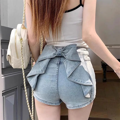 Bow Detail High-Waist Denim Shorts