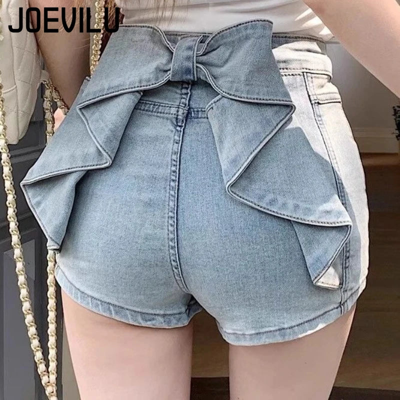 Bow Detail High-Waist Denim Shorts