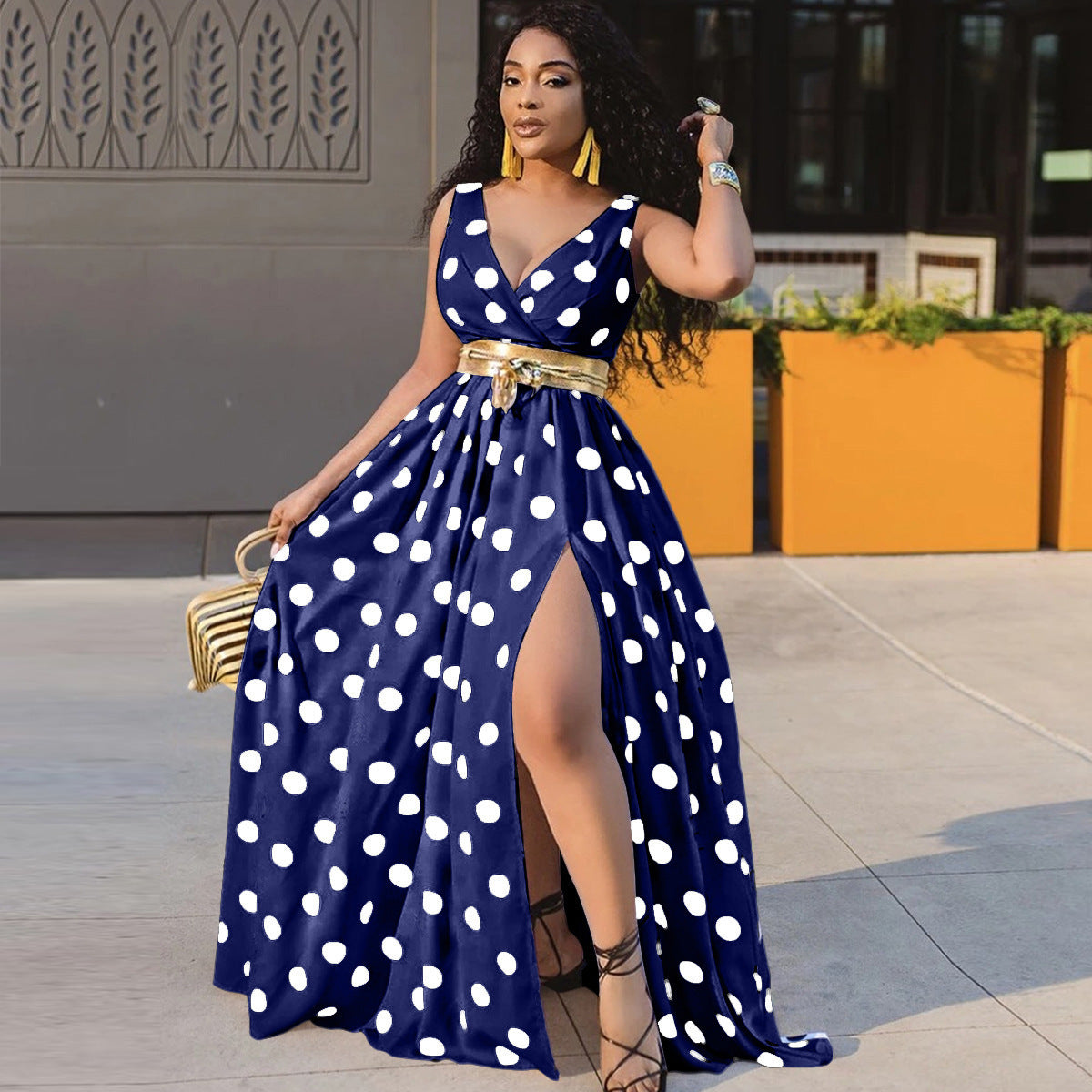 Polka-Dot Maxi Dress in Blue — design detail
