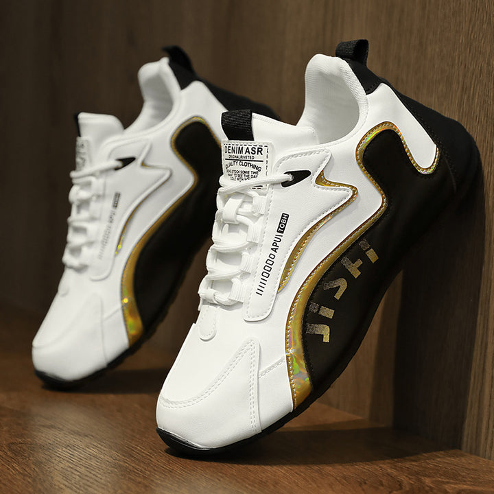 Gold-Trim Sneakers in Leather Black White — design detail