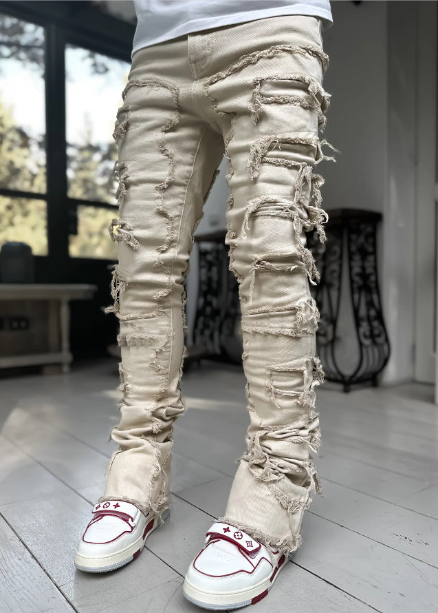 Stacked Ripped Jeans in Apricot — design detail