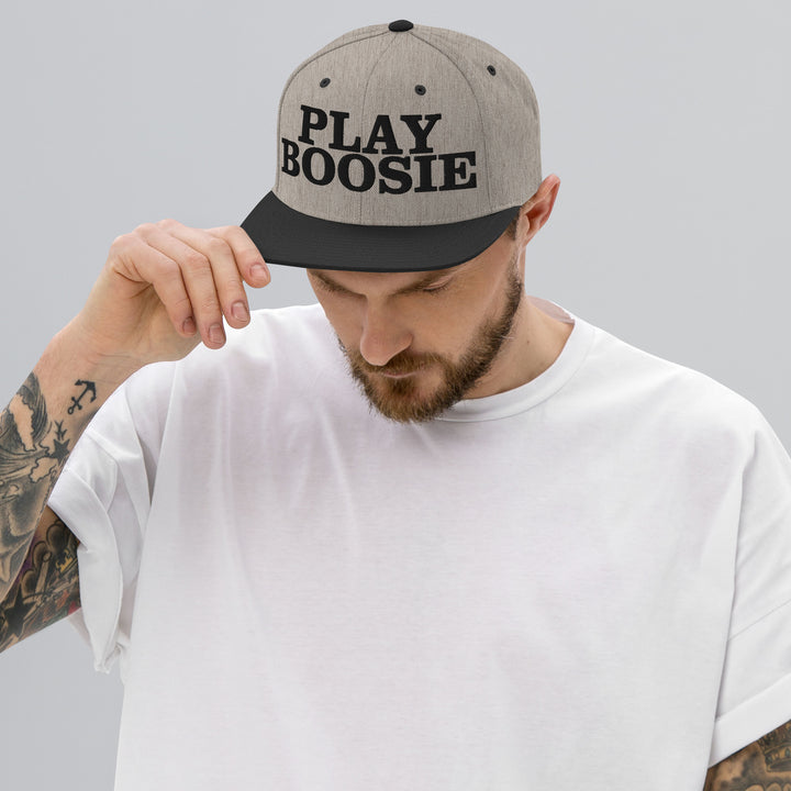 PLAY BOOSIE Snapback in Heather/Black — design detail