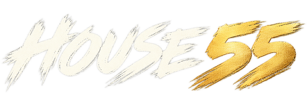 HOUSE 55 in cream and gold brush lettering